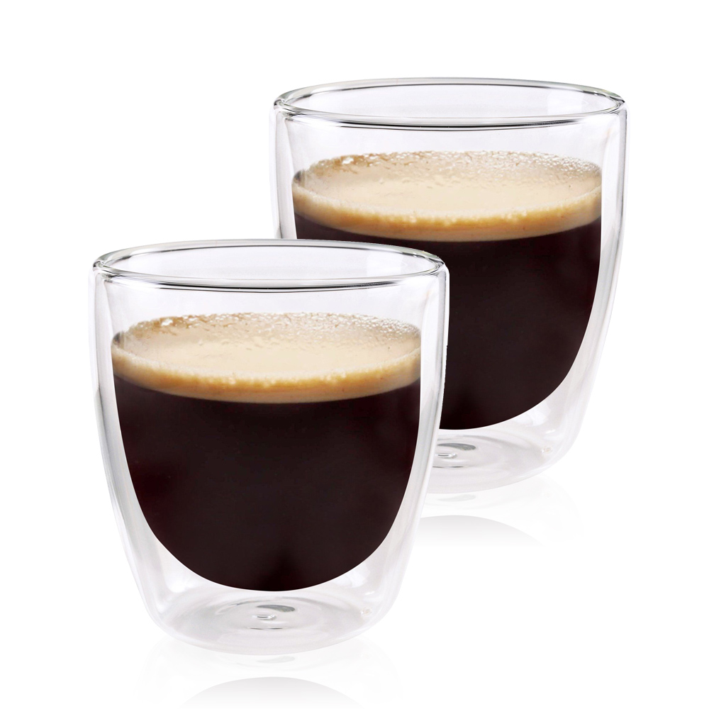 זוג כוסות אספרסו 85 מ”ל מזכוכית דופן כפול לבידוד ושמירה על חום הקפה.
מתאים לשטיפה במדיח.

