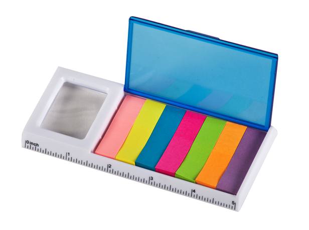 קשת - מעמד פלסטיק שולחני.
זכוכית מגדלת וסרגל.
מכיל ניירות ממו ודגלונים במבחר צבעים.