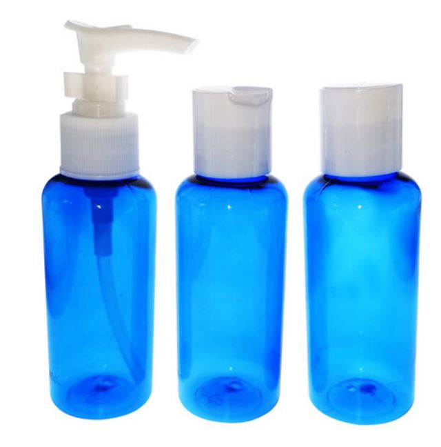 סט 3 בקבוקים צבעוניים למילוי עם לחצן לטיולים. מתאים לשמפו, מרכך, סבון נוזלי וכדומה.