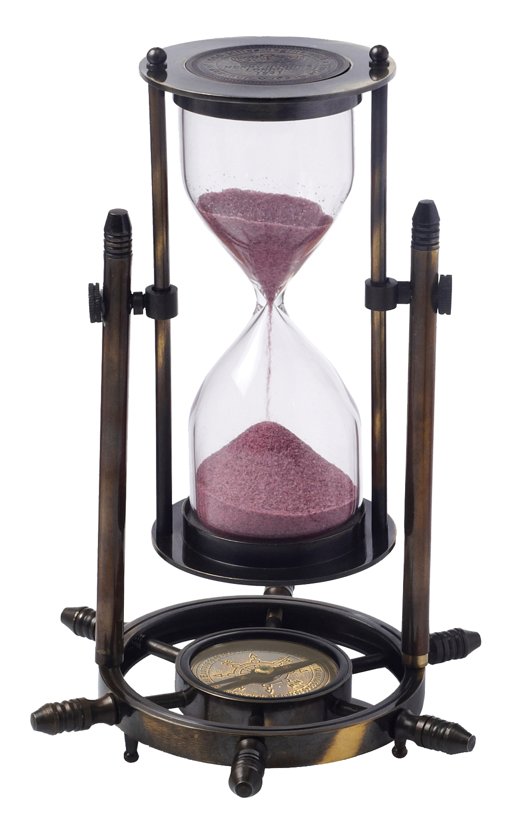 שעון חול מנחושת מהודר במעמד שולחני עם מצפן ימאות.
5 דקות.
גובהה 21 ס