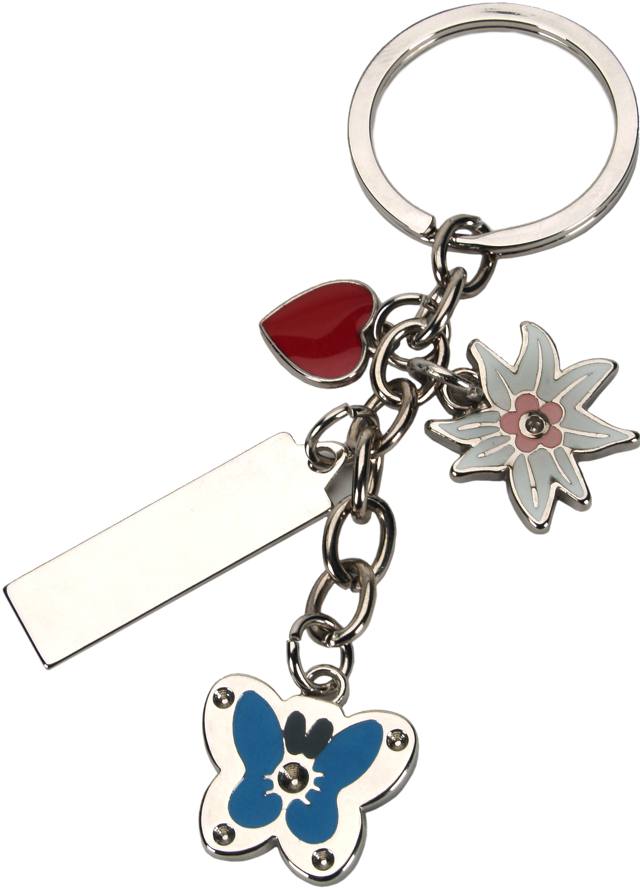 גרופ - מחזיק מפתחות ממתכת מצופה אמייל, תליונים בצורת לב, פרח, פרפר . לוחית לחריטה. גודל לוחית :1X3 ס"מ מגיע באריזת מתנה